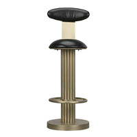 Sedes Bar Stool, shown in black and antique brass with leather, metal, and circular footrest ring.