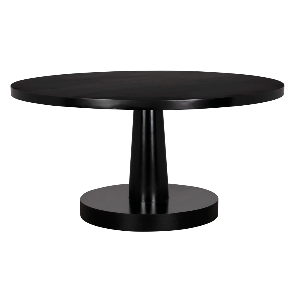 Stella Table, shown in black with wood, mahogany, and a pedestal base.