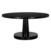 Stella Table, shown in black with wood, mahogany, and a pedestal base.