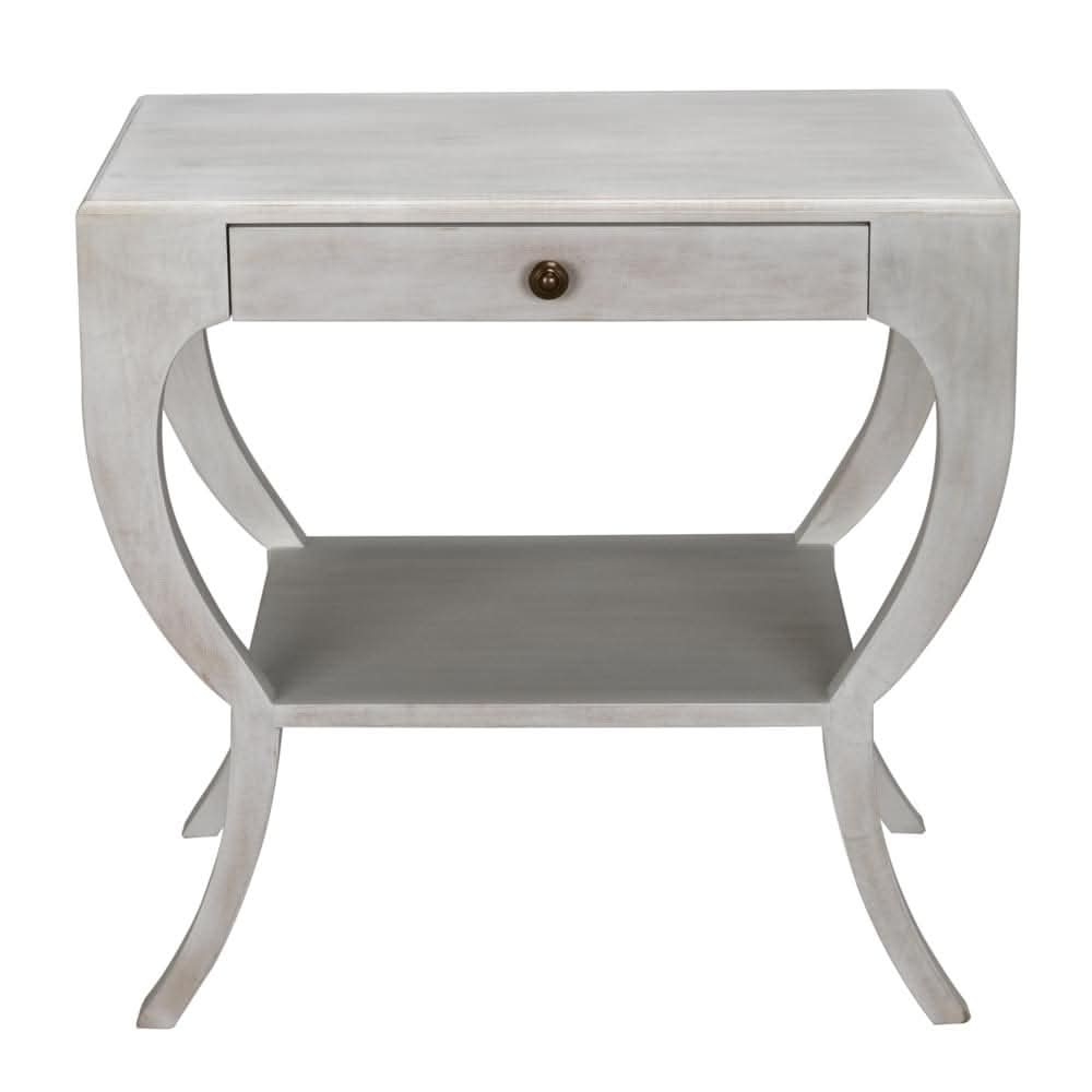 Maude Side Table, White, shown in off-white and light gray with wood and single drawer with centered round knob.