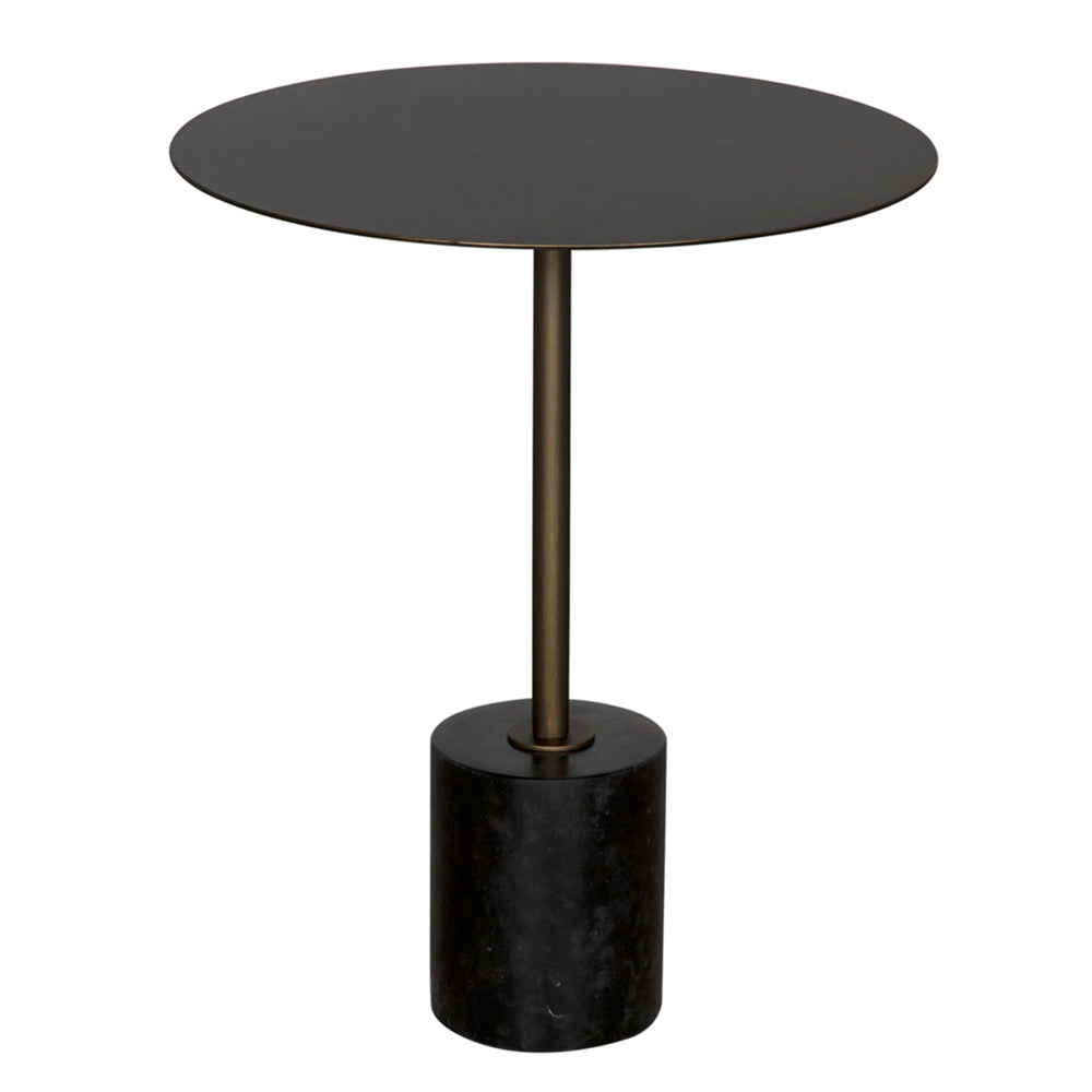 Santosh Side Table, shown in black and brass with marble, metal, and a weighted cylindrical marble base.
