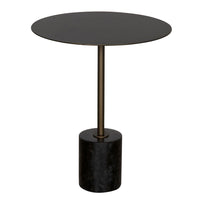 Santosh Side Table, shown in black and brass with marble, metal, and a weighted cylindrical marble base.