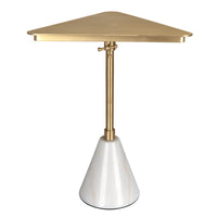Alternate view of Darwin Side Table in aged brass gold and white with triangular top on slender stem with conical base.
