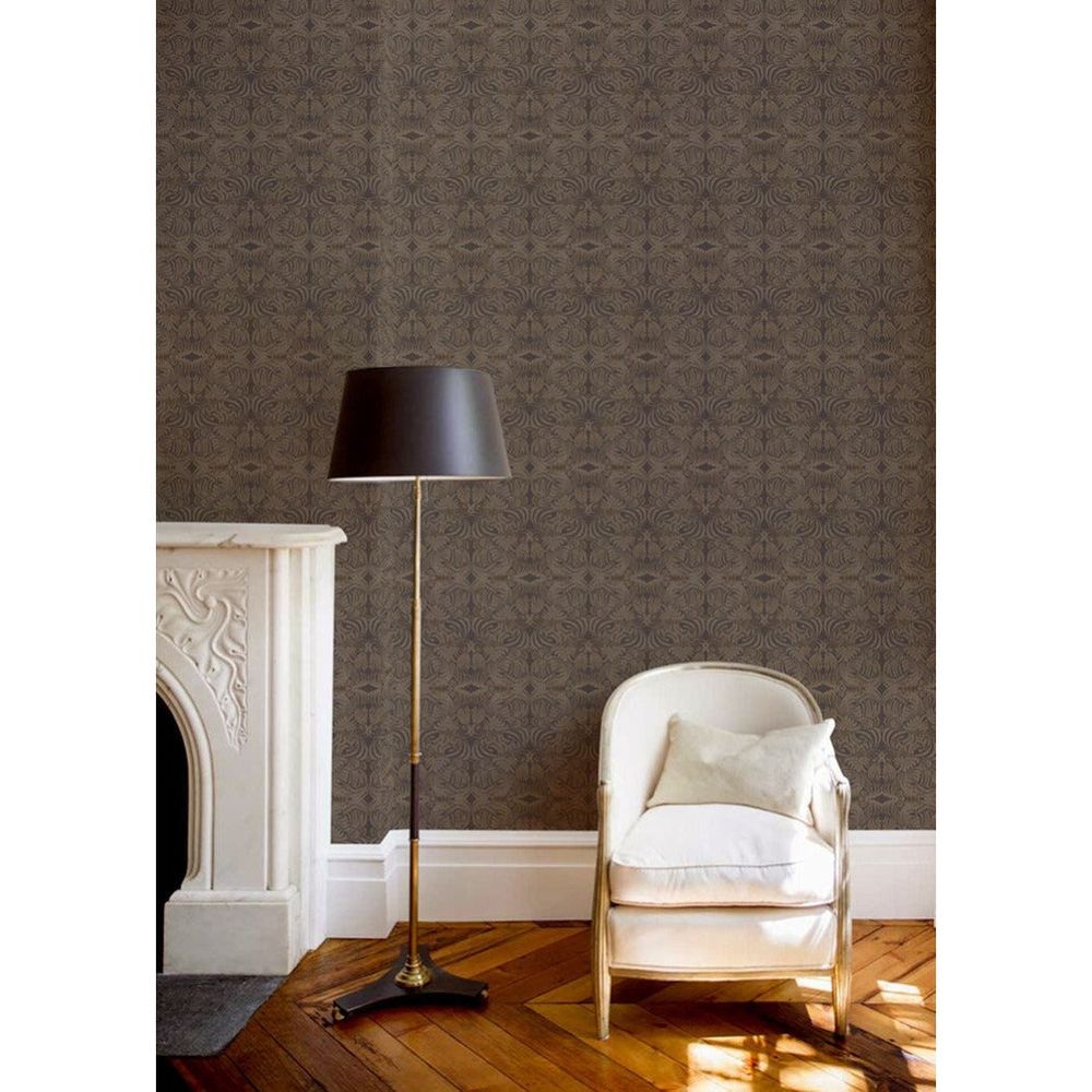 Flora Wallpaper, shown in charcoal taupe and soft ivory with wallpaper and performance substrate.