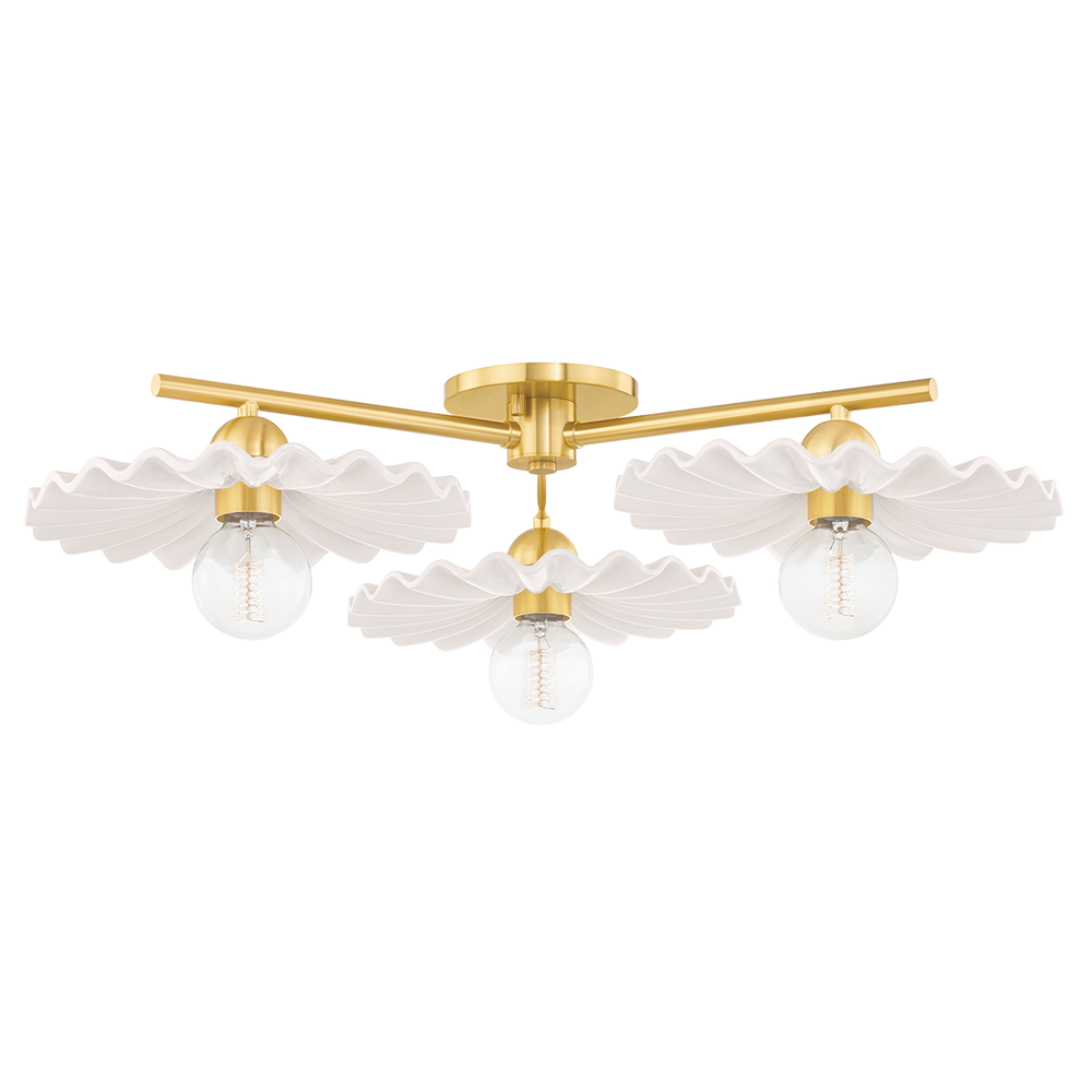 Tinsley 3 Light Semi Flush, shown in aged brass gold and white with metal, ceramic, and a semi-flush ceiling mount.