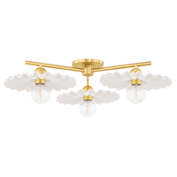 Tinsley 3 Light Semi Flush, shown in aged brass gold and white with metal, ceramic, and a semi-flush ceiling mount.