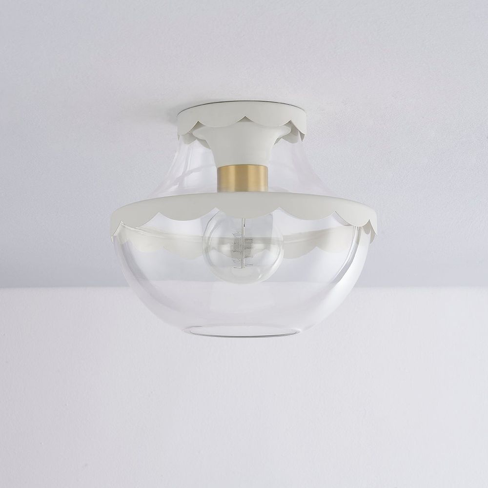 Additional view of Alaina 1 Light Semi Flush in cream and clear, featuring brushed aged brass and a semi-flush ceiling mount.