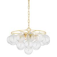 Mimi Chandelier-Aged Brass, shown in clear and aged brass with glass, steel, and a ceiling-suspended chain mount.