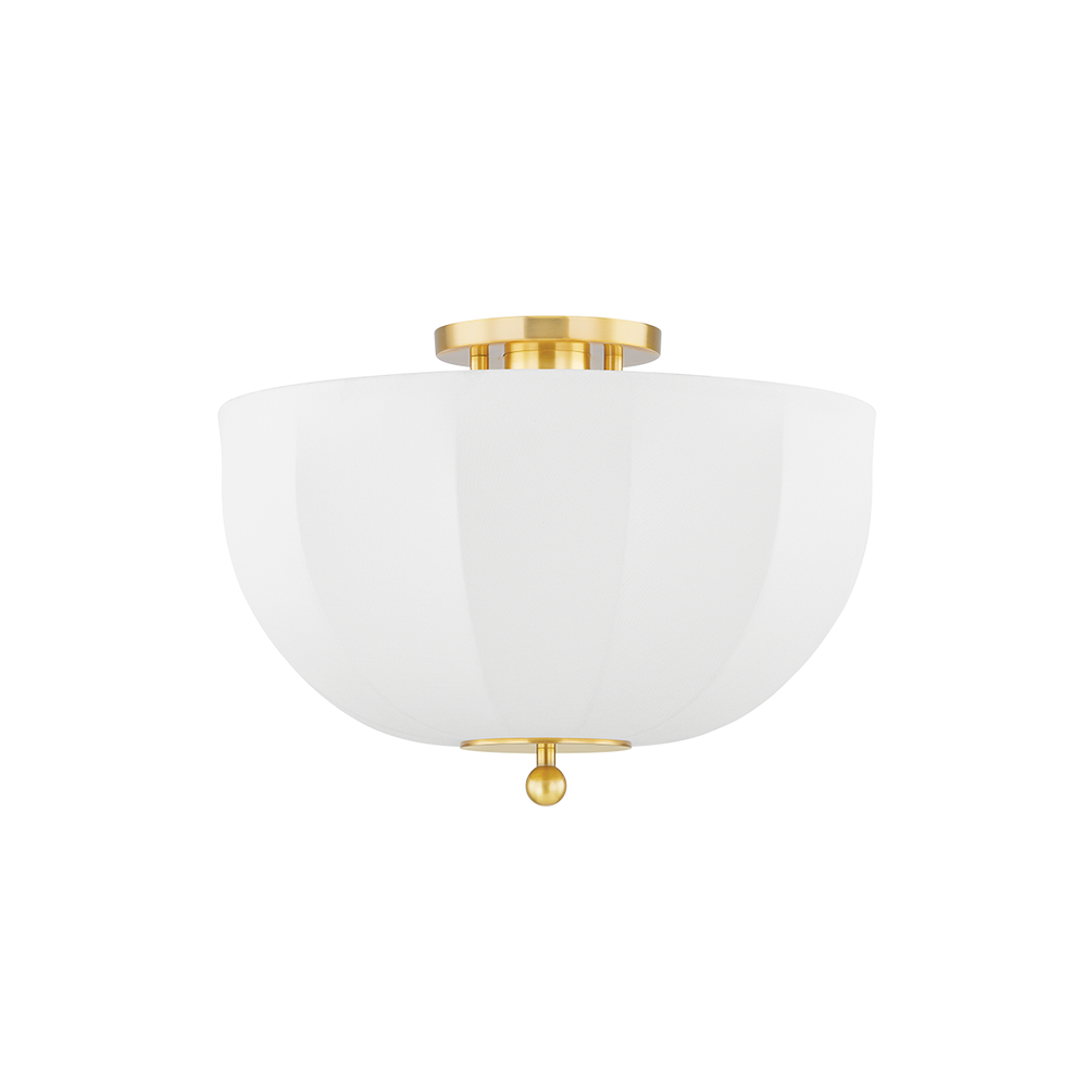 Meshelle 1 Light Flush Mount, shown in off-white and brushed brass with fabric, metal, and a flush ceiling mount canopy.
