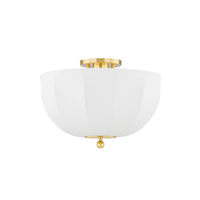 Meshelle 1 Light Flush Mount, shown in off-white and brushed brass with fabric, metal, and a flush ceiling mount canopy.