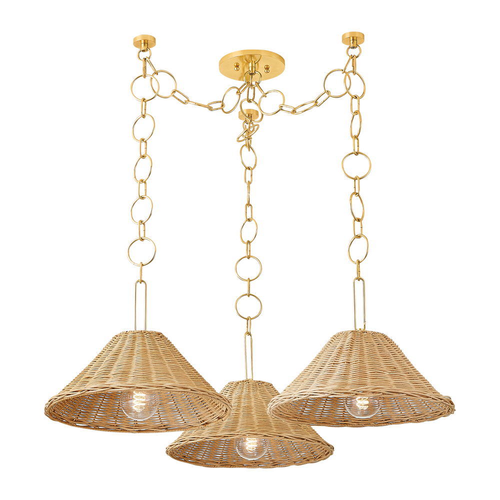 Dalia Chandelier, shown in natural tan and brass gold with rattan wicker, metal, and three-light chandelier configuration.