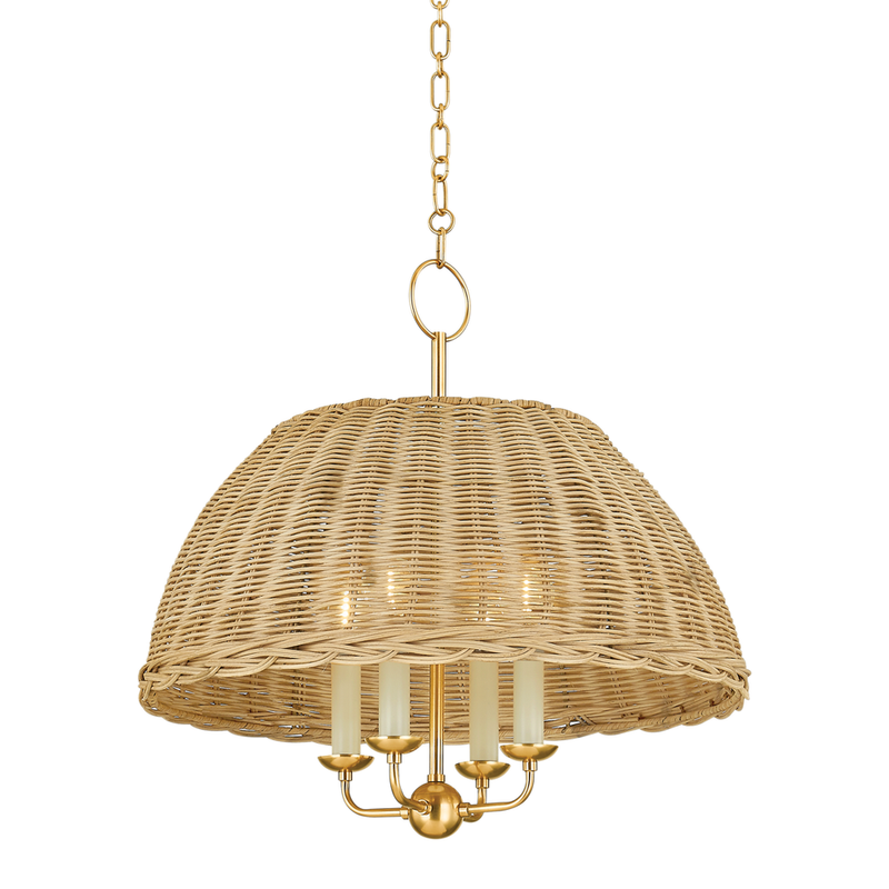 Alternate view of Arwen Chandelier, featuring rattan wicker, brass metal, and a chain-hung ceiling mount.