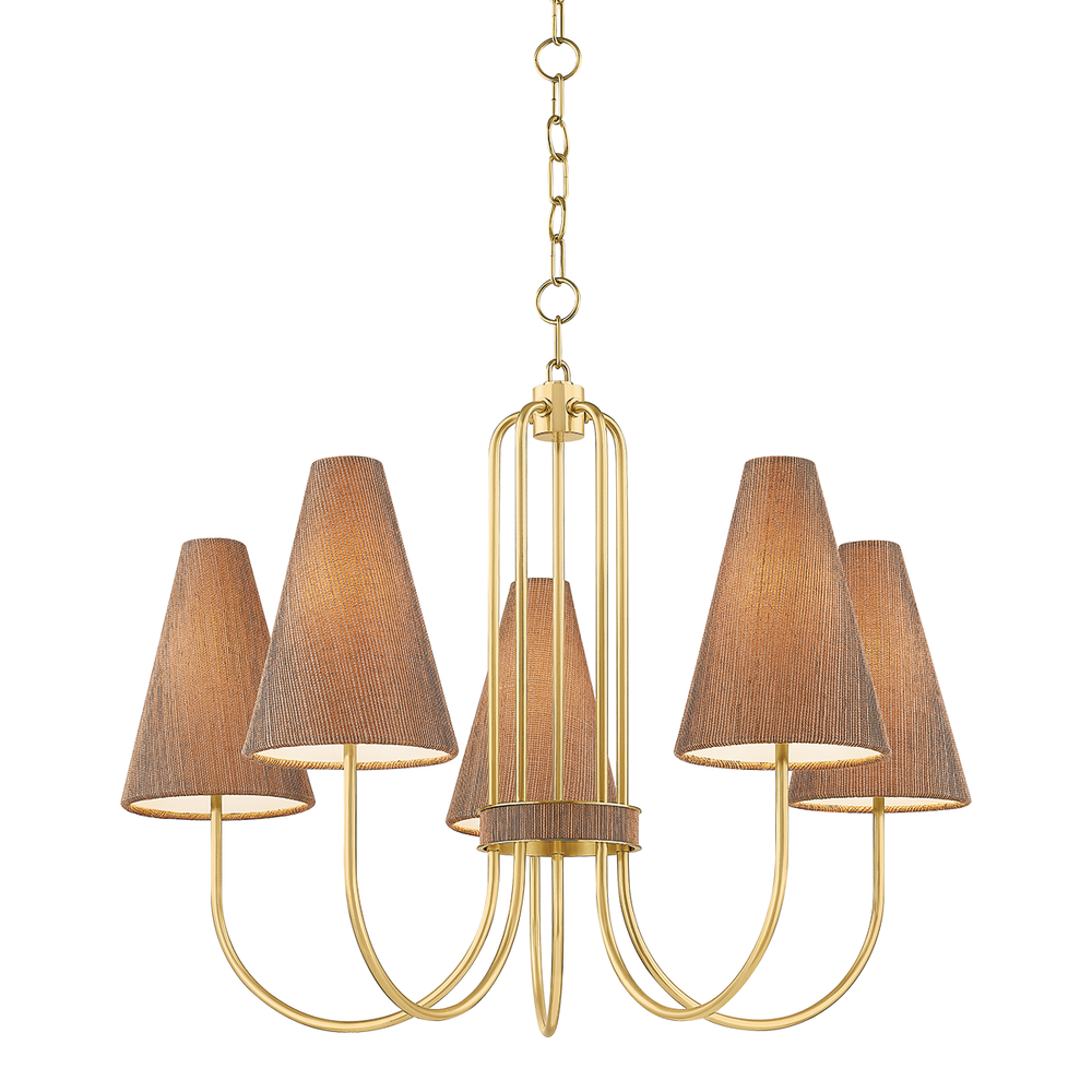 Jessel Chandelier, shown in brass gold and warm brown with steel, brass, and chain-hung ceiling suspension.