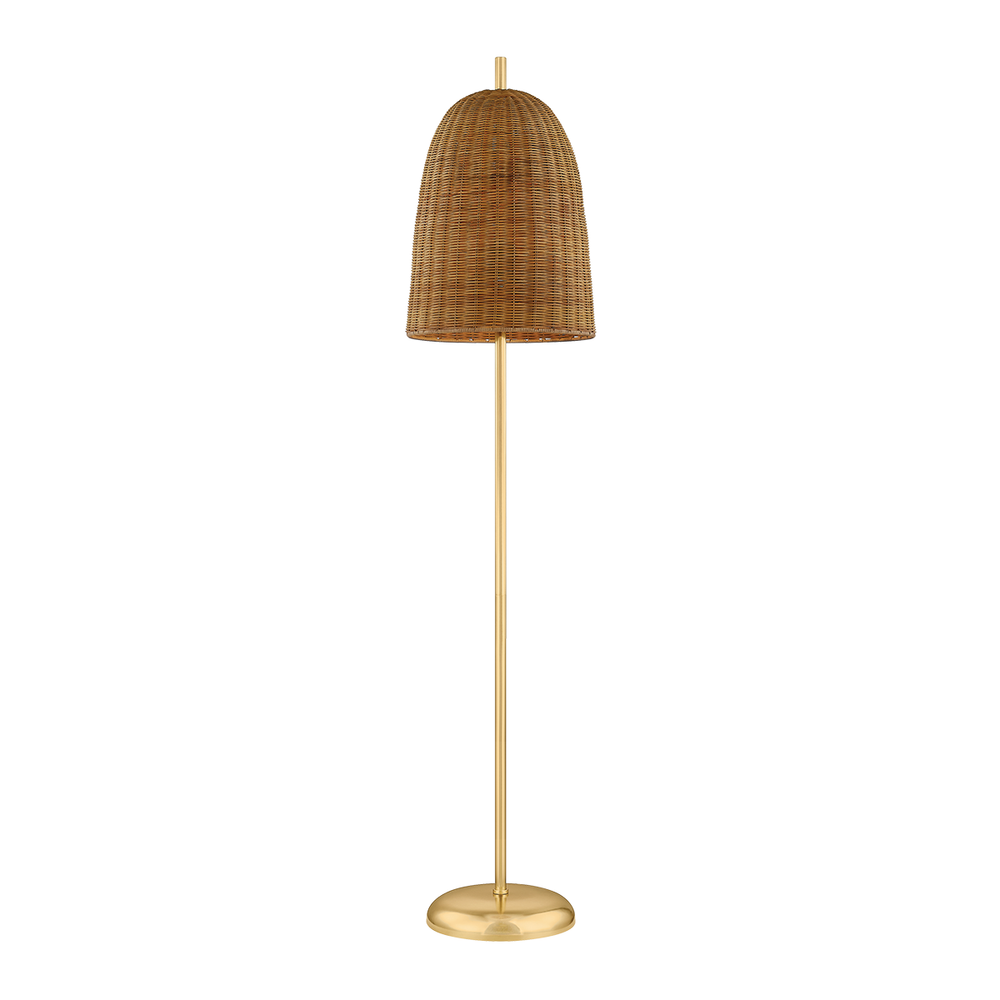 Beatrice Floor Lamp, shown in aged brass and natural tan brown with rattan, wicker, and a freestanding weighted round base.