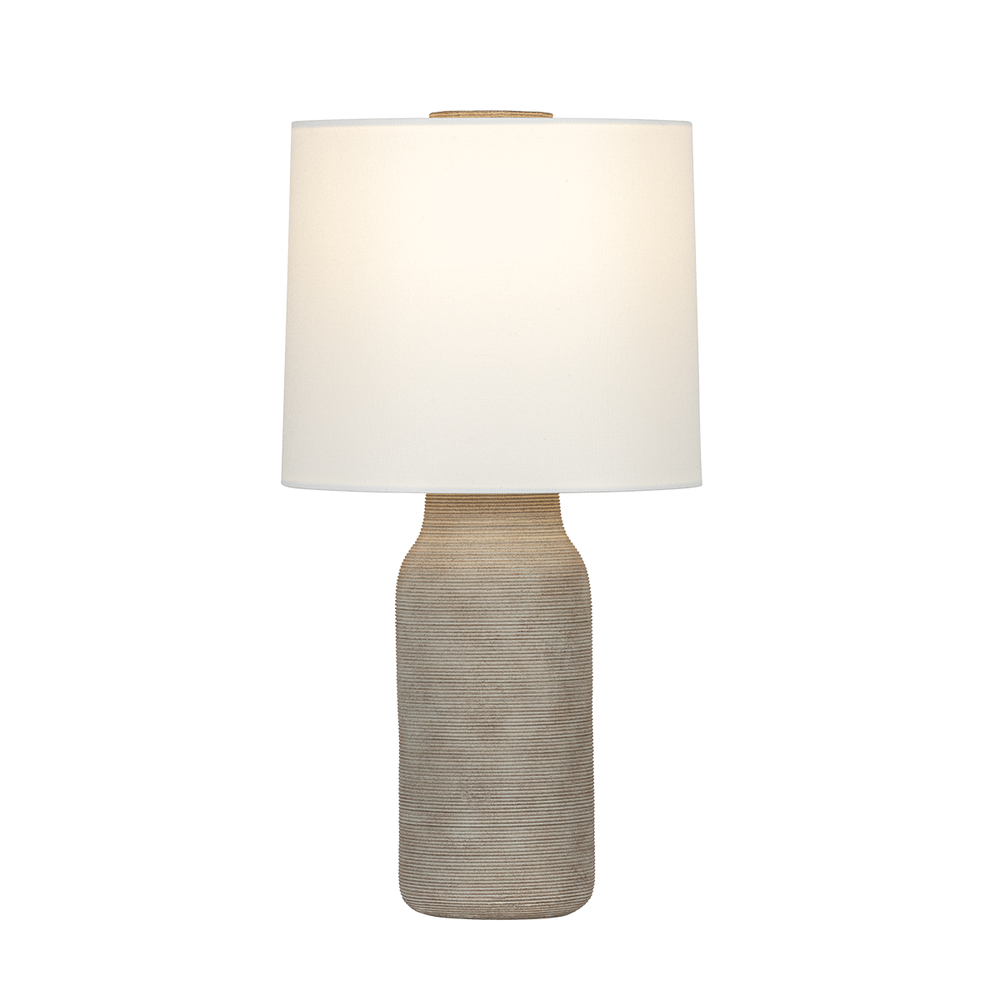 Stassi Table Lamp, shown in warm taupe and off-white with ceramic, linen fabric, and drum shade for diffused ambient light.