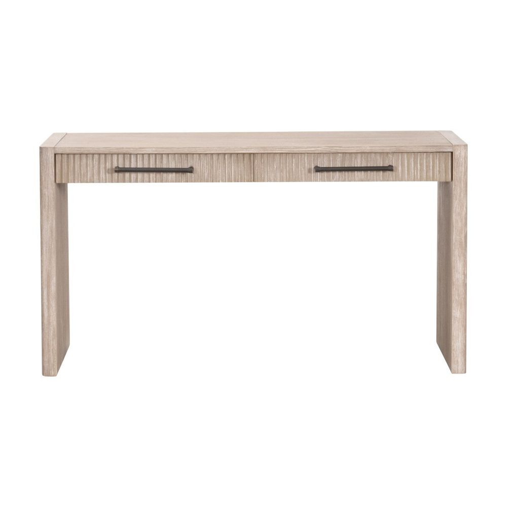 Halloway 2-Drawer Console Table, shown in light beige and warm taupe with wood, metal, and two full-width drawers.