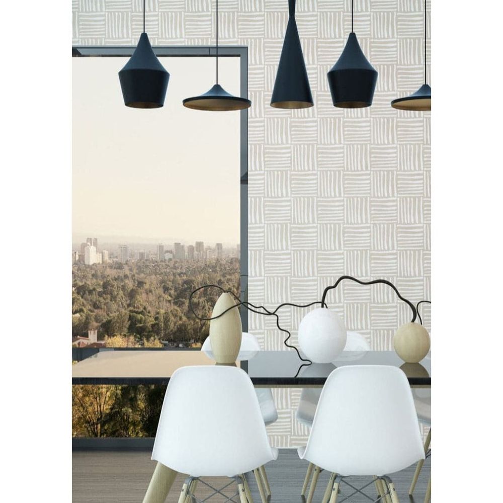 Hatch Sand Wallpaper, shown in beige and sand with paper and seamless repeating wall covering.