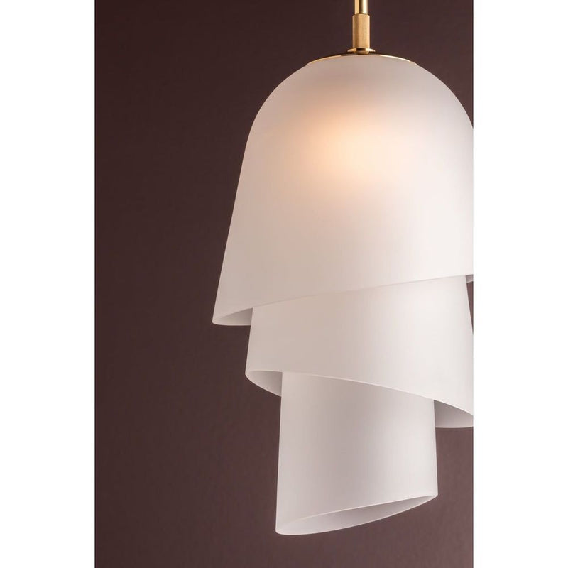 Alternate view of Hela Pendant, featuring brushed metal finish, glass, brass, and ceiling-hung pendant stem.