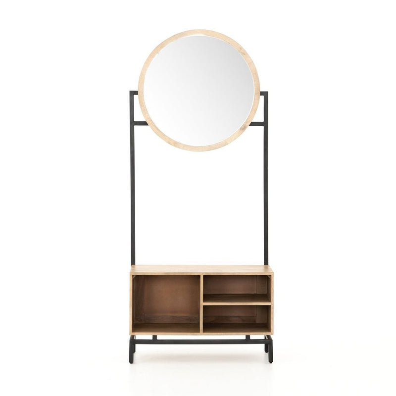 Corson Entry Bench and Mirror IPRS-042, shown in light natural wood and matte black with wood and metal.