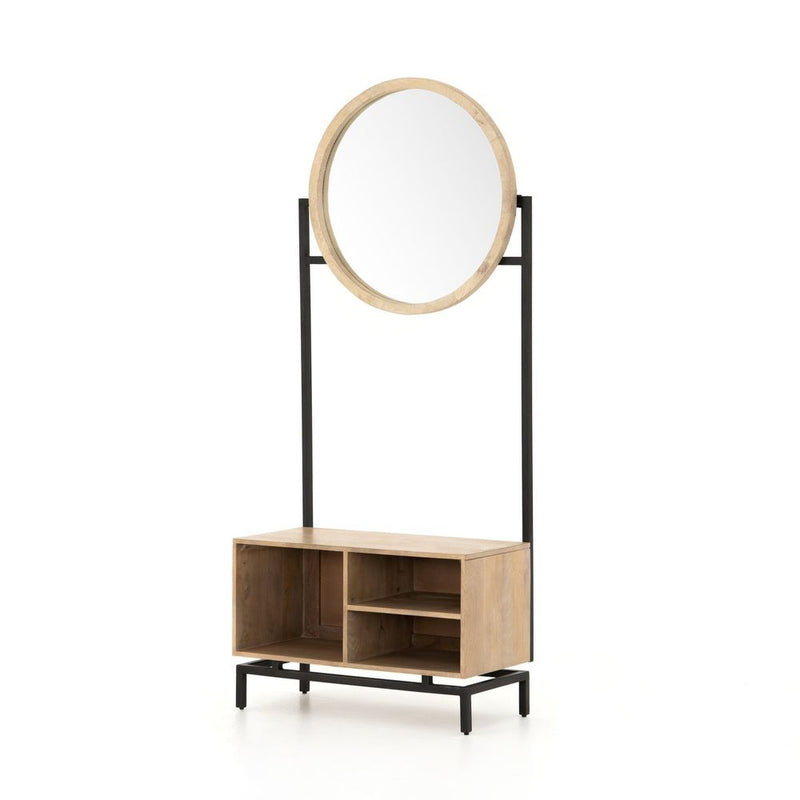 Alternate view of Corson Entry Bench and Mirror IPRS-042, featuring wood, metal, and integrated open cubby storage.
