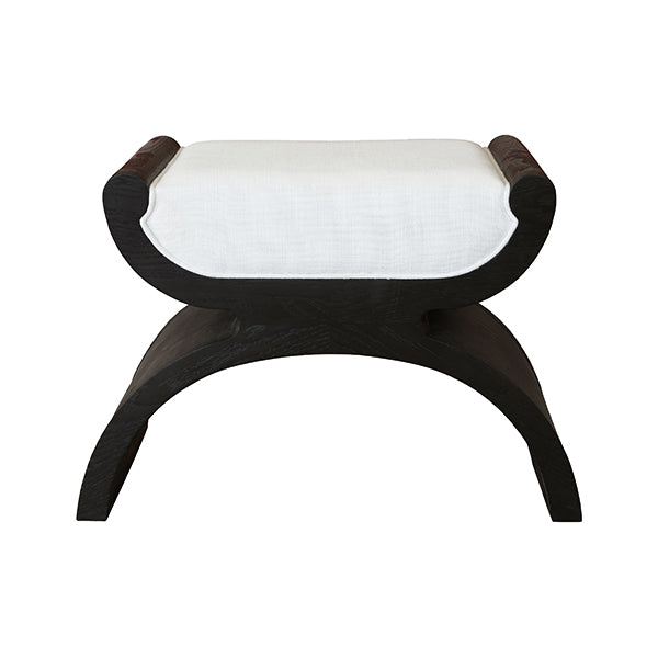 Janna, shown in espresso brown and white with oak wood, linen fabric, and upholstered seat cushion.