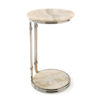 Tecali Accent Table, shown in cream and beige with onyx, polished steel, and c-shaped open frame that slides under seating.