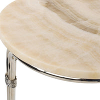 Additional view of Tecali Accent Table, showing c-shaped cantilever with dual stacked round platforms in cream and beige.