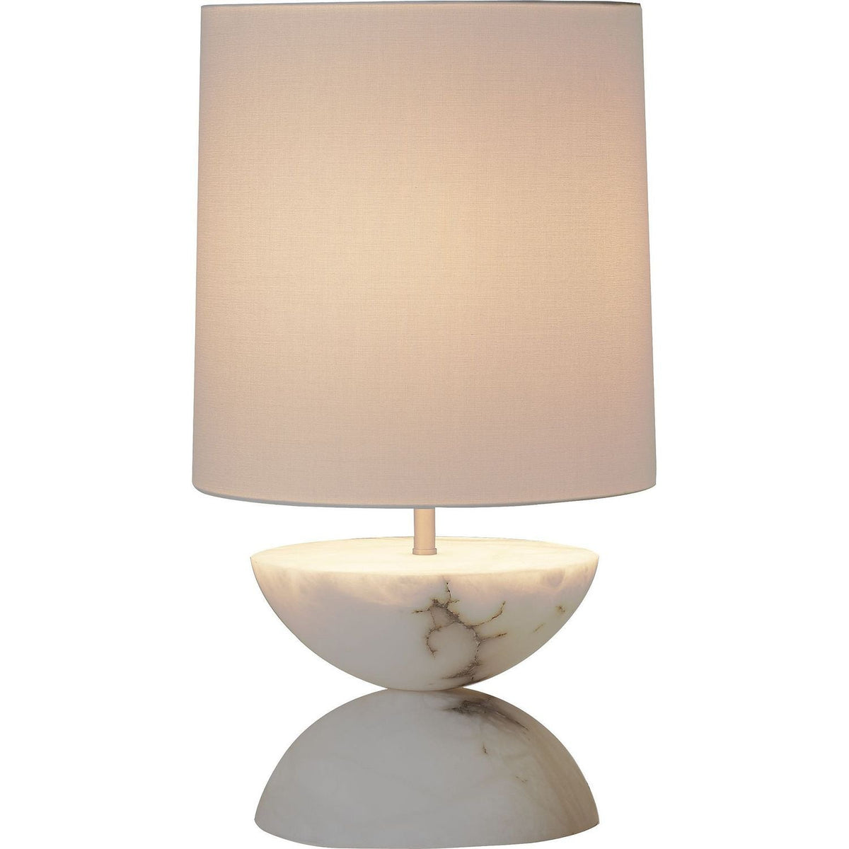 Obsidian Table Lamp, shown in ivory and cream with alabaster, fabric, and a table lamp base.