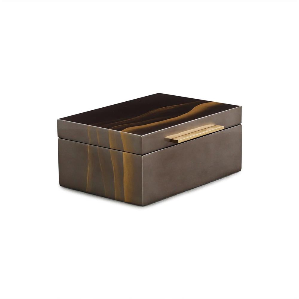 Olive Box, shown in coffee brown and amber gold with wood, brass, and hinged lid.