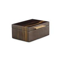 Olive Box, shown in coffee brown and amber gold with wood, brass, and hinged lid.