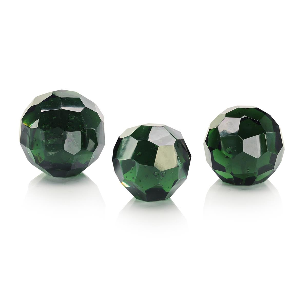 Green Cut Glass Orbs, Set of 3, shown in emerald green and deep forest green with art glass and cut glass.