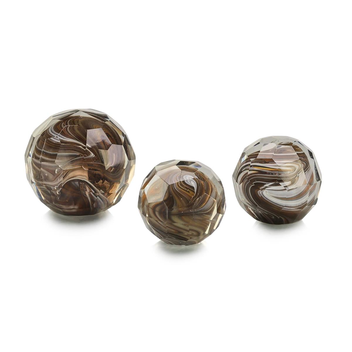 Amber Cut Glass Orbs, Set of 3, shown in amber and brown with cut glass, art glass, and freestanding solid orbs.