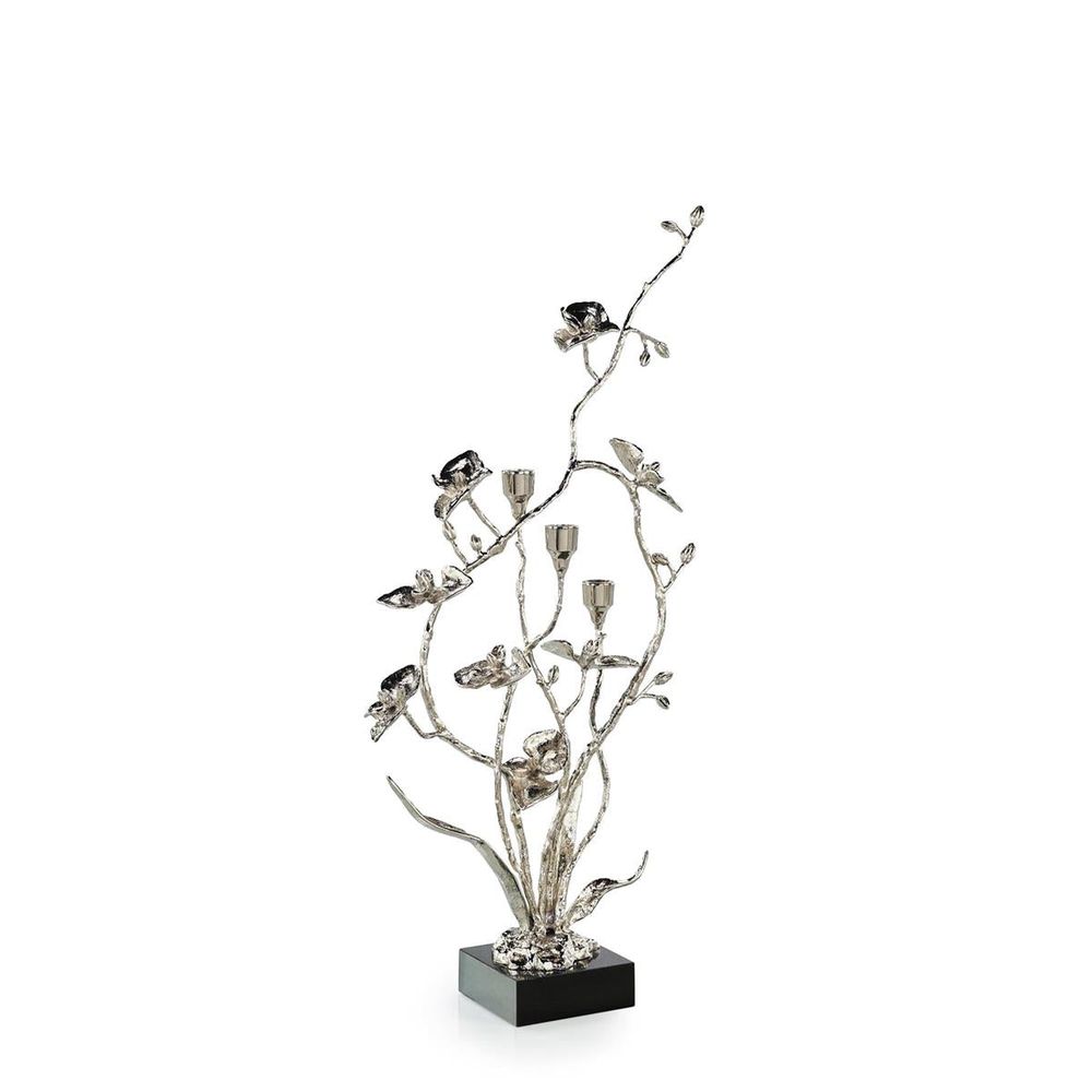 Additional view of Aurora Orchid Candleholder, featuring cast finish, brass, metal, and three elevated taper candle sockets.