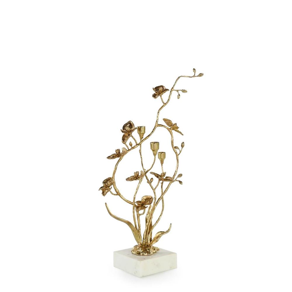 Aurora Orchid Candleholder, shown in gold and silver with brass, metal, and three elevated taper candle sockets.