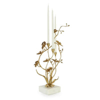 Alternate view of Aurora Orchid Candleholder, featuring cast finish, brass, metal, and three elevated taper candle sockets.