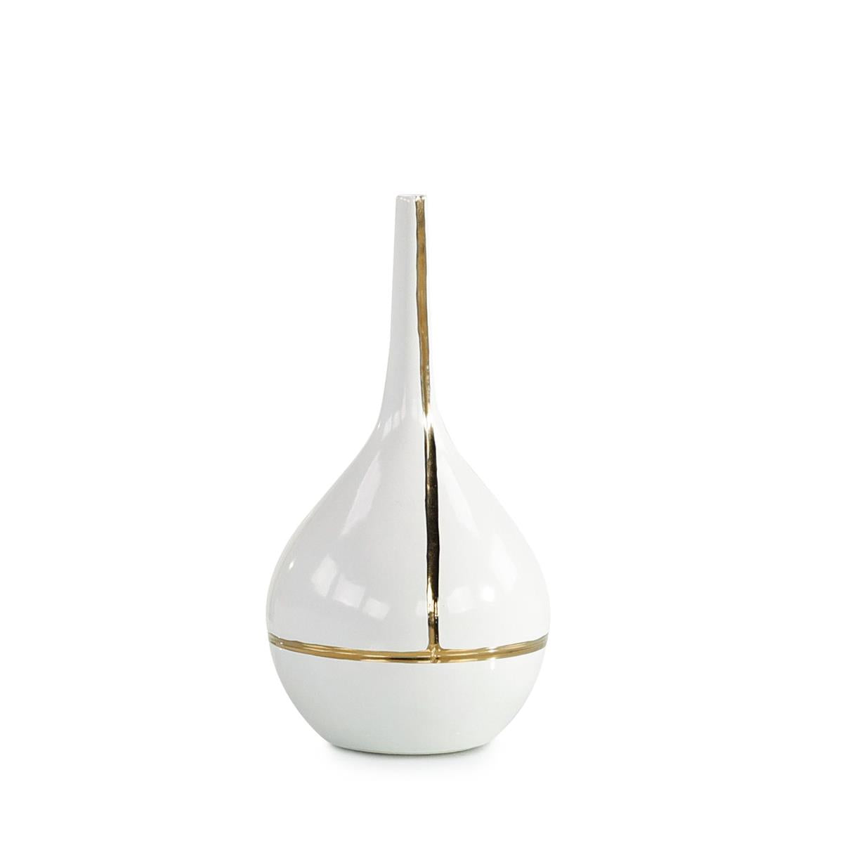 Golden Stripe Vase, Small, shown in white with ceramic and narrow neck opening.