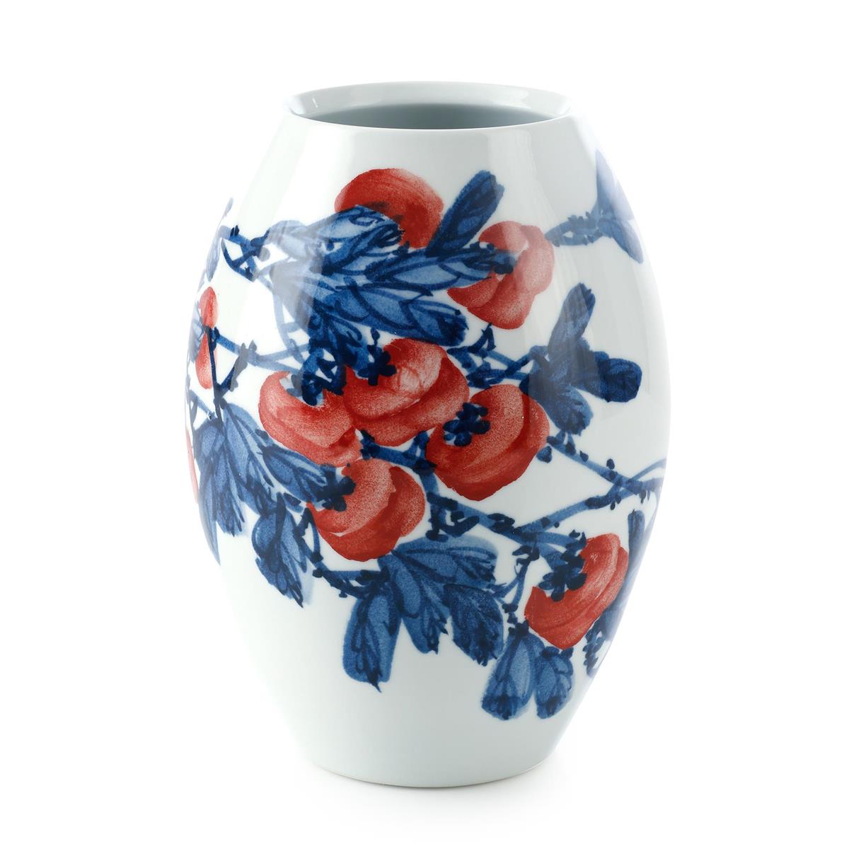 Pomona Vase, shown in white and cobalt blue with porcelain, ceramic, and open circular mouth for stems or branches.