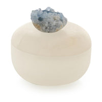 Earthborn Jar, Large, shown in ivory and cream with alabaster, celestite crystal, and removable lid.