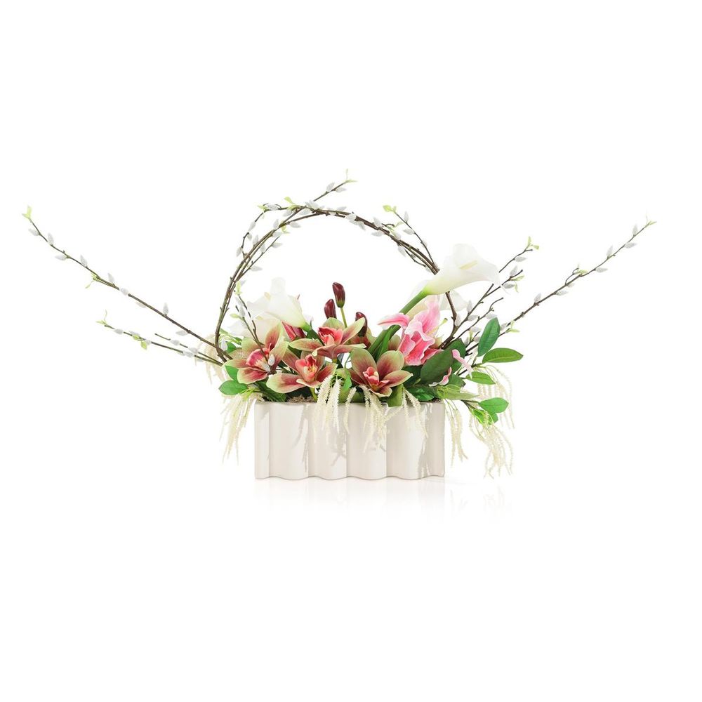 Willow Bloom, shown in white and pink with ceramic, faux silk flowers, and low-profile rectangular container.