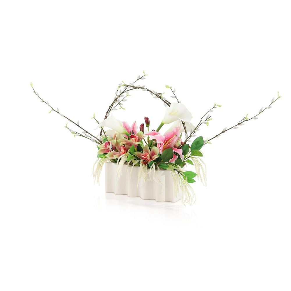 Alternate view of Willow Bloom, featuring glossy finish, ceramic, faux silk flowers, and low-profile rectangular container.