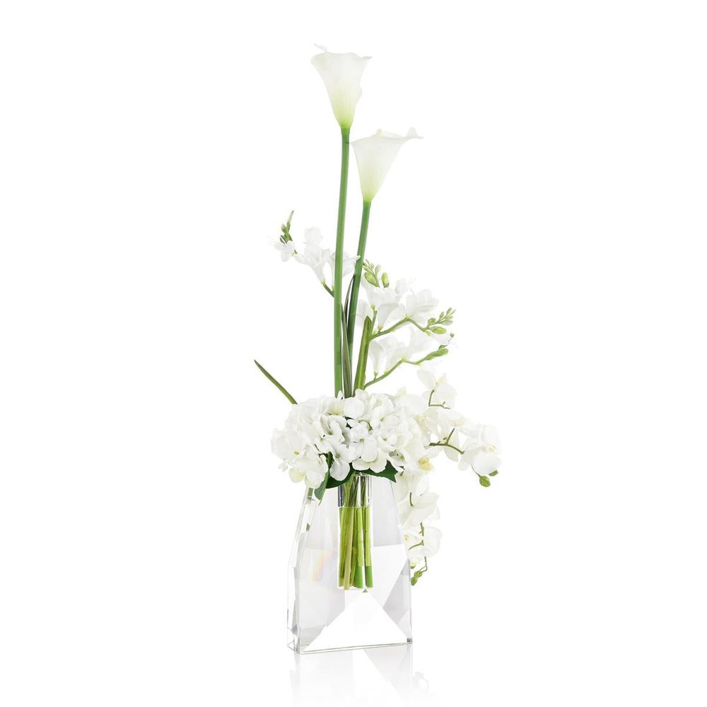 Alternate view of Icy Crystal Bouquet, featuring polished finish, glass, faux florals, and narrow cylindrical water well.