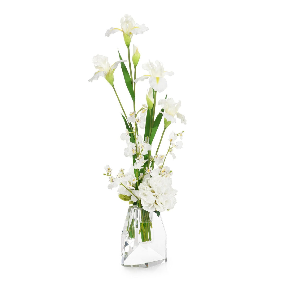 White Iris and Peonies, shown in white and clear with faux florals and acrylic or crystal-like glass.