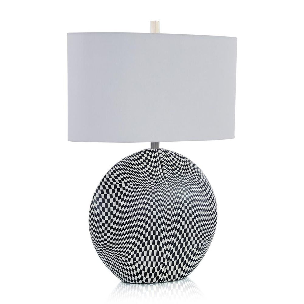 Alternate view of Illusive Grid Table Lamp, featuring glossy finish, ceramic, fabric, and a drum shade.