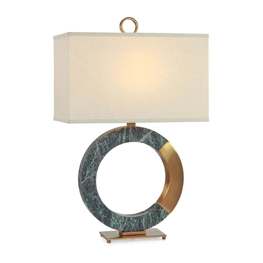 Rounda Marble Lamp, shown in green and ivory with marble, brass, and a freestanding weighted base.
