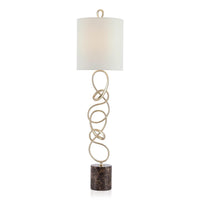 Tangle Buffet Lamp, shown in champagne gold and white with metal, fabric, and a drum shade.