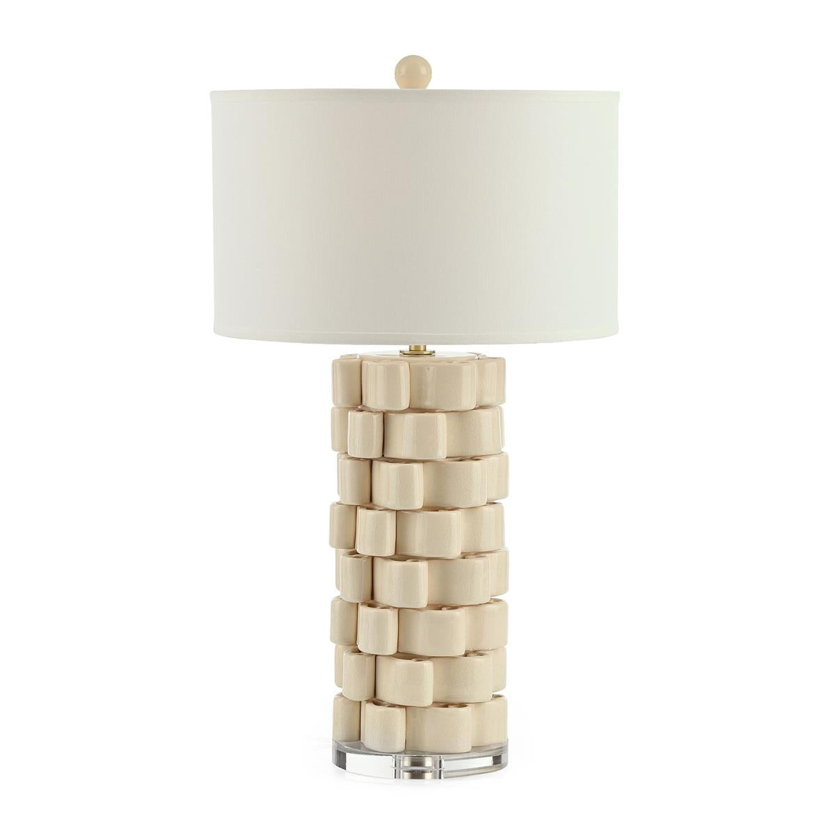 Rolling Breeze Table Lamp, shown in ivory and cream with glazed ceramic, crystal, and a table lamp base.