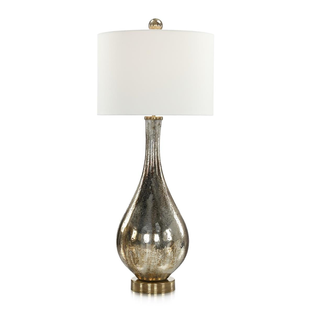 Arabella Buffet Lamp, shown in silver and white with glass, metal, and a drum shade.