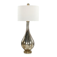 Arabella Buffet Lamp, shown in silver and white with glass, metal, and a drum shade.