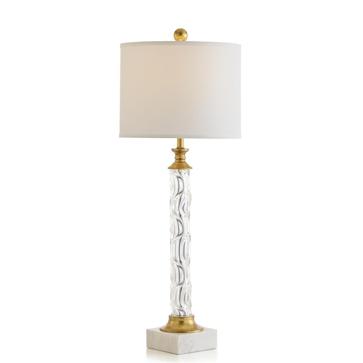 Akira Buffet Lamp, shown in clear and white with hand-blown glass, marble, and buffet/table lamp proportions.