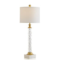 Akira Buffet Lamp, shown in clear and white with hand-blown glass, marble, and buffet/table lamp proportions.